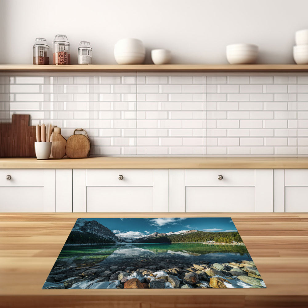 inductiebeschermer turquoise water en-bergen zijkant keuken