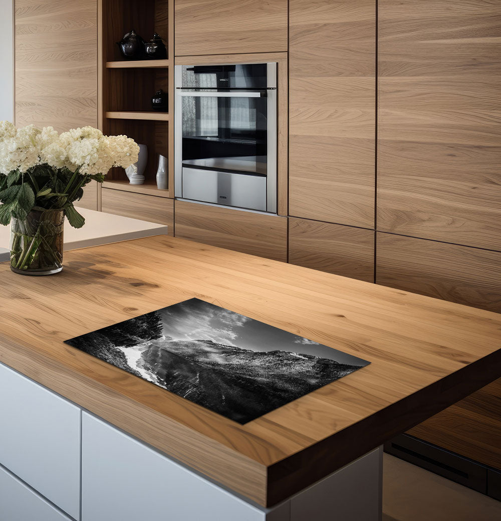 inductiebeschermer zwart wit landschap berg keuken 2