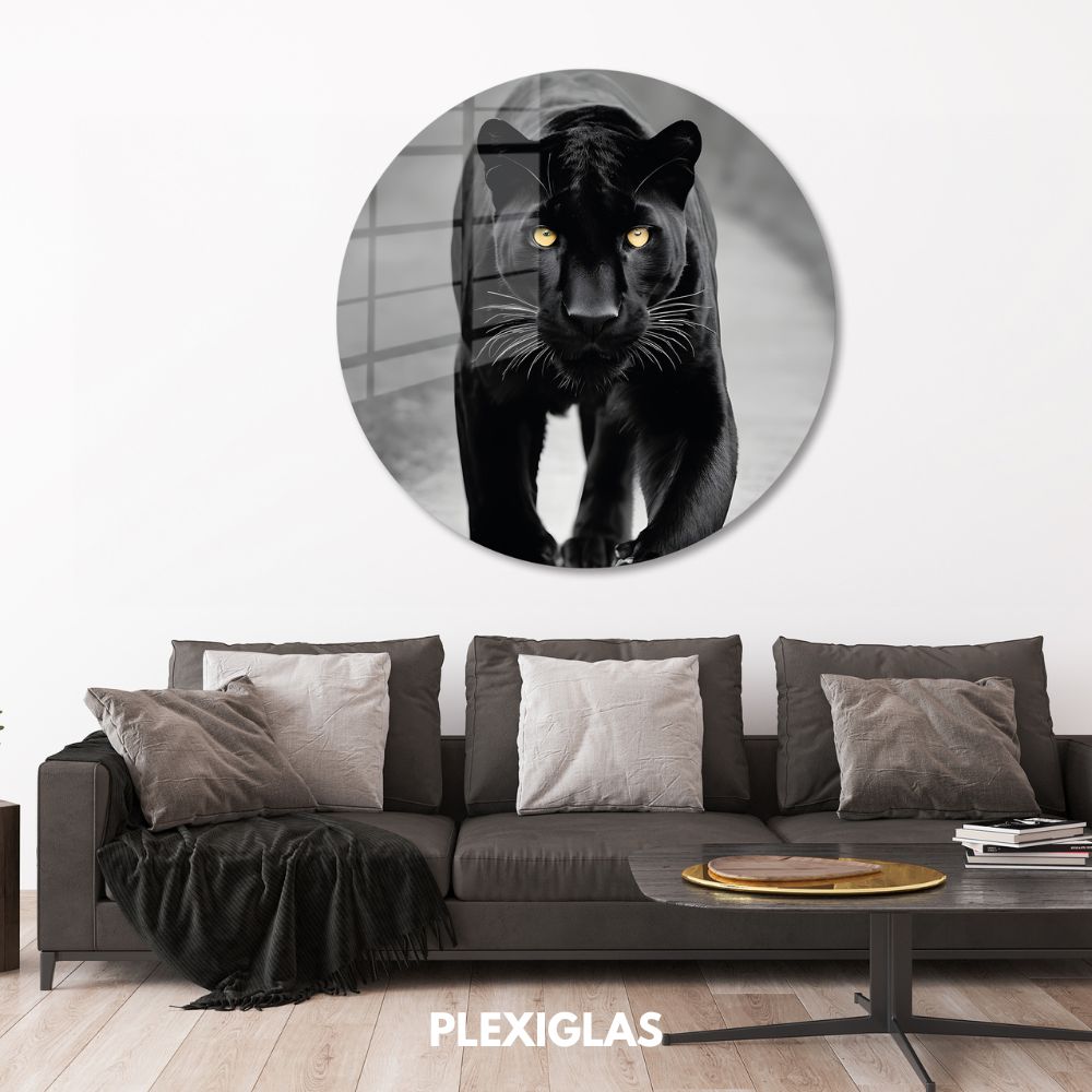 plexiglas-muurcirkel-zwart-panter-gele-ogen-woonkamer